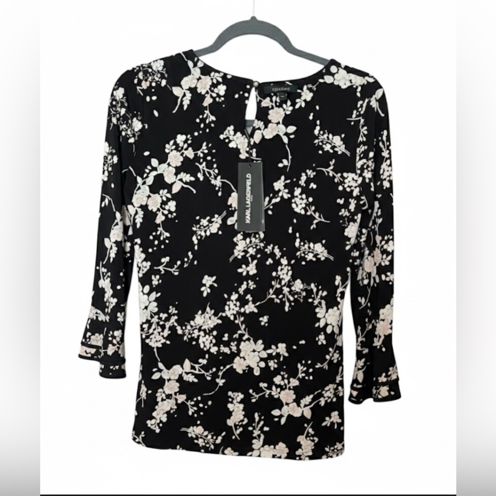 Karl Lagerfeld Paris Women’s Black & Pink Floral 3/4 Ruffle Sleeve Top | XS